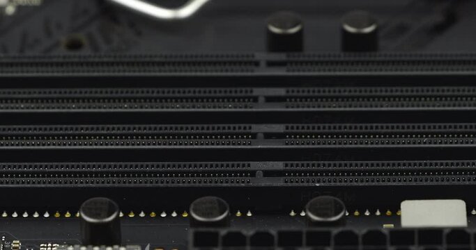 Truck shot of RAM Socket. Circuit board with capacity, Computer Motherboard with electronic capacity components device