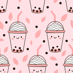 Seamless pattern with bubble milk green tea cup with cute face on pink background vector illustration.