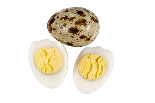 Half cutted Boiled spotted quail eggs  isolated on white background.  Healthy Food Products Concept