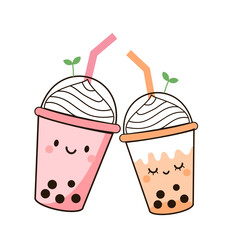 Bubble milk green tea cup with cute face on pink background vector illustration. Cute cartoon character.