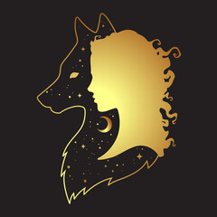 Silhouette of beautiful woman with shadow of wolf with crescent moon and stars isolated. Sticker, print or tattoo design vector illustration. Pagan totem, wiccan familiar spirit art