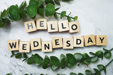 Hello Wednesday alphabet letter with green leave flat lay on marble background