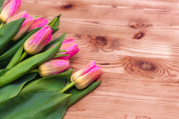 Women's Day. Pink tulips bouquet on wooden planks background, copy space, top view. Spring flowers