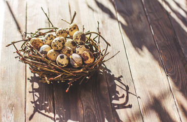 Easter eggs in a nest on a wooden brown background minimal concept of Easter Top view copy space