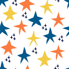 Seamless pattern with multicolored doodle stars on white background. Children's drawing by hand. Print on clothes, fabric, wallpaper