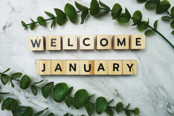Welcome January alphabet letter with green leave flat lay on marble background