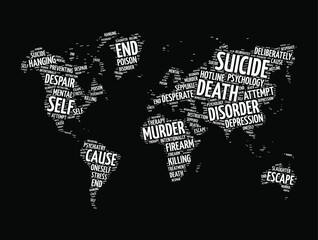 Suicide word cloud in shape of world map, concept background