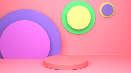 Pink podium and colorful circle on pink background. 3d rendering.