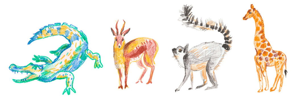 Set of illustrations with crocodile,giraffe,lemur,gazelle drawn with wax crayons.Clip art with animals on white isolated background  with pastel pencils.Design for social networks,posters.