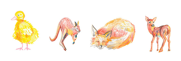 Set of illustrations with fox,kangaroo,duck drawn with wax crayons.Clip art with animals on white isolated background  with pastel pencils.Design for social networks,posters.