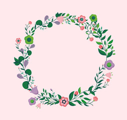 Fototapeta na wymiar Flower wreath vector illustration - Beautiful flowers in oval frame with pink background.