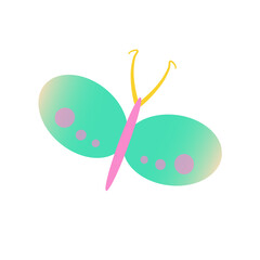 The butterfly is painted in green  and pink, flat style.Vector illustration isolated on a white background. A design element for decorating holiday products.