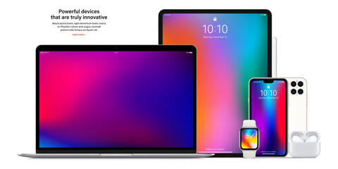smartphone, tablet, laptop, smartwatch, headphones and stylus with colored screen saver isolated on white background. mockup of realistic and detailed gadgets and devices. stock vector illustration