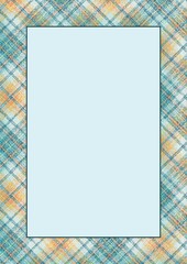 card frame for photo, invitation, diploma, certificate with texture of ragged old grungy fabric border marine green and orange colors background gingham, tartan ornament, size A4