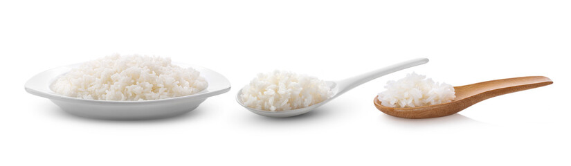 Cooked Jasmin Rice in white plate and spoon on white background