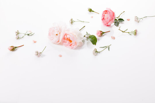 Flowers composition. Frame made of pink rose flowers on white background. Flat lay, top view