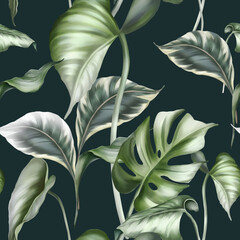 Tropical leaves seamless pattern. Exotic jungle wallpaper.