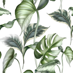 Tropical leaves seamless pattern. Exotic jungle wallpaper. - 419586347