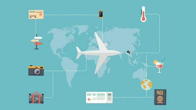 What to pack for a vacation. Items to take on the go. Airplane with icons. Animated illustration