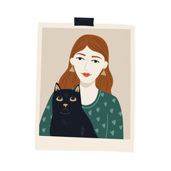 Photo card with girl and black cat. Vector cute character design. Happy pets owner
