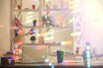 Double exposure of data theme drawing and office interior background. Concept of technology.