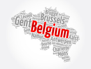 Fototapeta premium List of cities and towns in Belgium, map word cloud collage, business and travel concept background