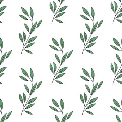 Fototapeta premium Botanical seamless pattern. Hand drawn branches with green leaves. Vector background