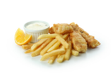 Fried fish and chips, sauce and lemon isolated on white background