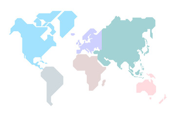 Fototapeta na wymiar Simplified world map drawn with sharp straight lines (different colors for each continent)