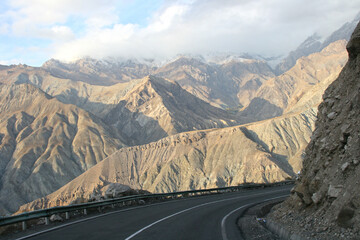 Mountains near Alexander's Lake (aka Iskanderkul). Fan Mountains of Tajikistan, three hours drive from Dushanbe. Hills and mountains landscape in Tajikistan. Central Asia. On the road to Iskander Kul.