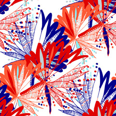 Creative seamless pattern with abstract tropical leaves. Hippie style. Colorful spring or summer background. Trendy botanical swimwear design. Fashion print for textile.	