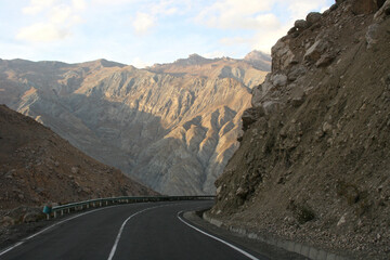 Mountains near Alexander's Lake (aka Iskanderkul). Fan Mountains of Tajikistan, three hours drive from Dushanbe. Hills and mountains landscape in Tajikistan. Central Asia. On the road to Iskander Kul.