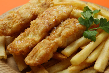 Plate with fried fish and chips, close up