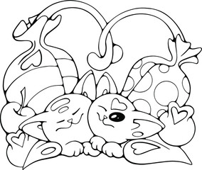 cartoon cats with tangled tails, cute romantic vector hand drawn isolated doodle coloring book illustration