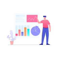 Man working on data analysis illustration. People Characters Working with Data Visualization. 