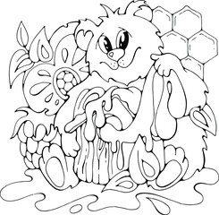 coloring page of a bear with honey house, funny cartoon vector hand drawn isolated stock illustration