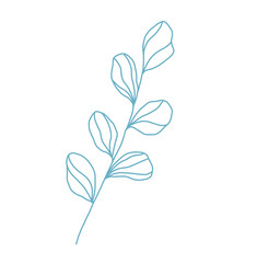 Vector blue line art leaves branch clipart isolated on white background. Subtle botanical illustration. Trendy floral design element for wedding, cards, invitations, greetings, and decoration.