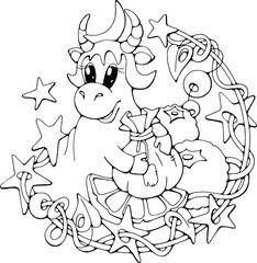 black and white Moon bull coloring page, vector cartoon doodle cute isolated stock illustration