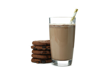 Glass of chocolate milkshake and cookies isolated on white background