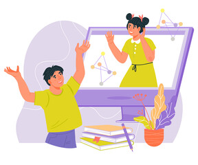 Kids video chat and online communicating via video call app, flat vector illustration isolated on white background. Boy and girl greeting each other in video conference.