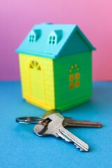 Keys in front of a colorful house. Vertical image of a new home
