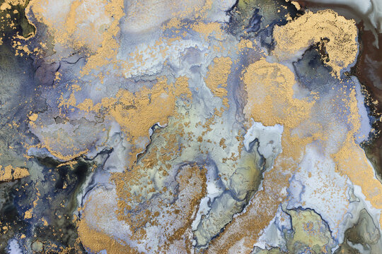 art photography of abstract fluid art painting with alcohol ink, black and gold colors