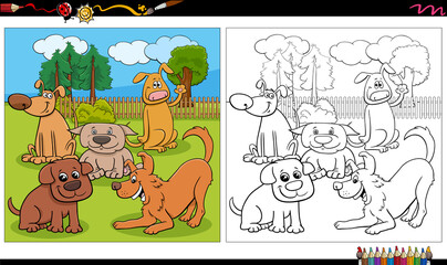 cartoon dogs and puppies group coloring book page