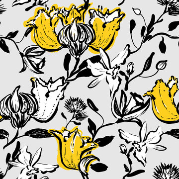 Bold Seamless Vector Floral Hand Drawn Pattern, Yellow Tropical Flowers Of Tulip Tree And Orchids On Grey Background.