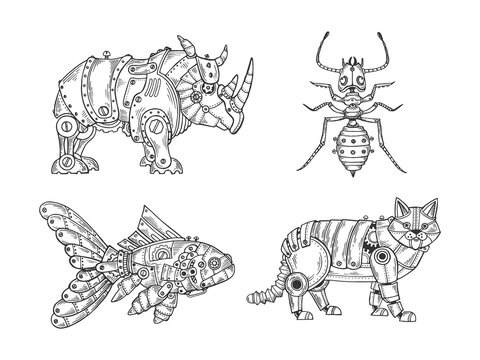 Mechanical animal set ant fish cat rhinoceros sketch engraving vector illustration. T-shirt apparel print design. Scratch board imitation. Black and white hand drawn image.