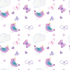 Seamless background with birds and clouds isolated on white background
