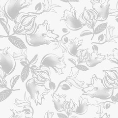 Fototapeta na wymiar Subtle grey seamless vector floral hand drawn pattern with silver grey tropical flowers.