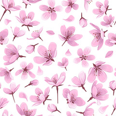 Cherry blossom flowers vector seamless pattern. Pink blossom flowers on white background. Gentle spring floral seamless pattern.