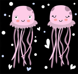 Cute childish vector jellyfish nautical ocean characters with bubbles, hearts set. Adorable tentacles for baby books, showers, prints, cards in purple, pink colors.