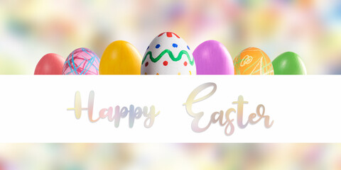 Fototapeta na wymiar Painted eggs and Happy Easter lettering text